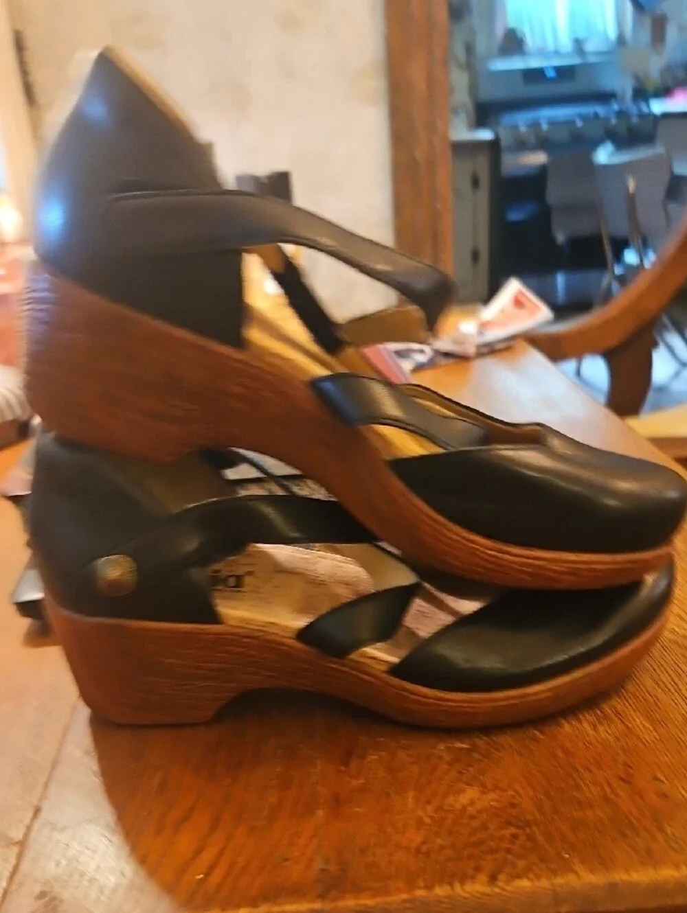 Alegria Black Leather Crisscross Wedge Sandals